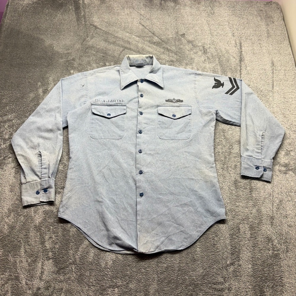 Seafarer US Navy Utility Shirt Mens Size M Blue Good Vintage Chambray Stenciled